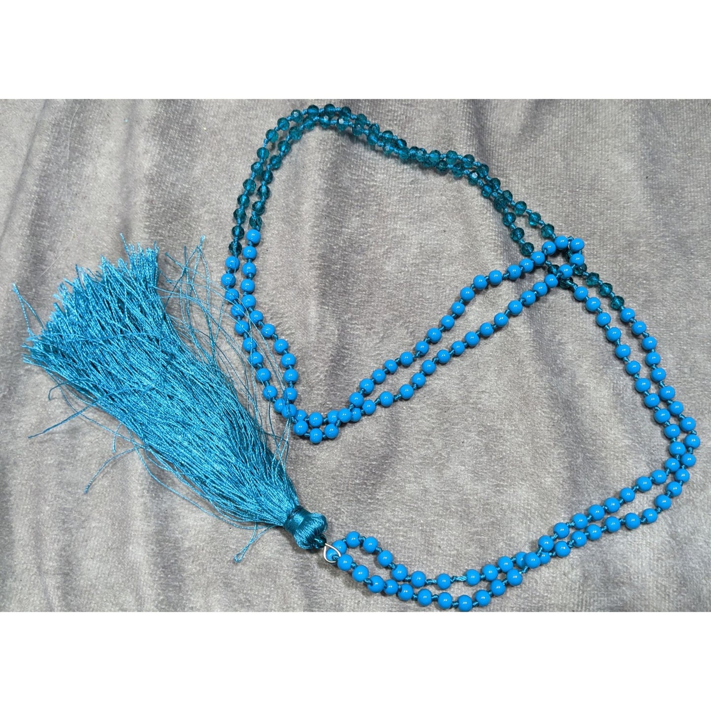 Blue Beaded Necklace With Tassel  Pendant