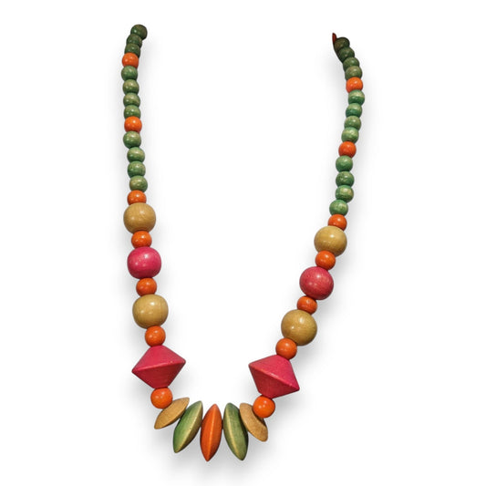 Vintage Boho Wood Multicolor Beaded Necklace 24 Inch