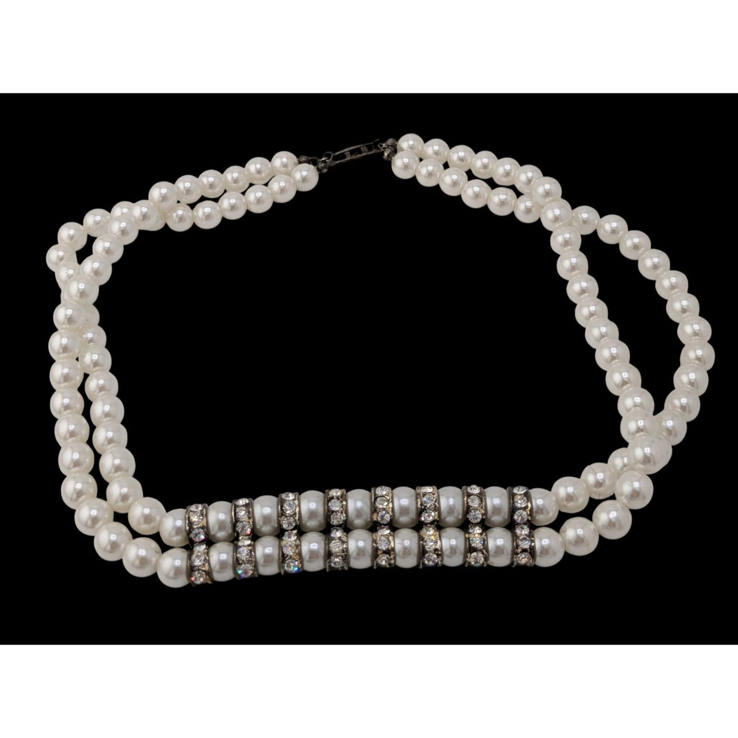 Vintage Double Strand Faux Pearl Rhinestone Necklace With Silver Tone Spacer Accents