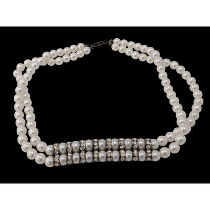 Vintage Double Strand Faux Pearl Rhinestone Necklace With Silver Tone Spacer Accents
