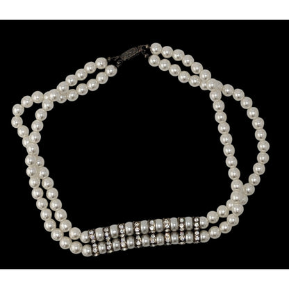 Vintage Double Strand Faux Pearl Rhinestone Necklace With Silver Tone Spacer Accents