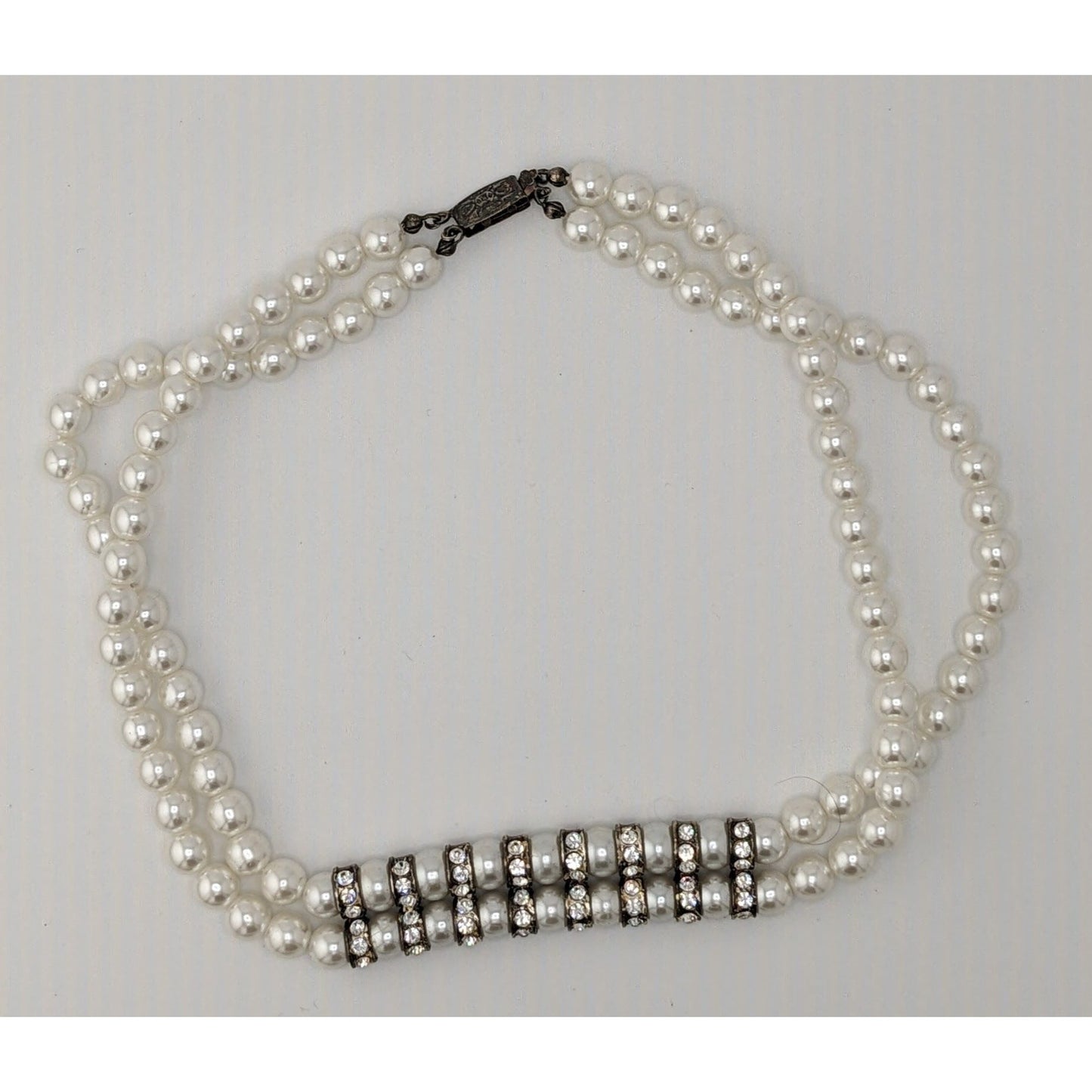 Vintage Double Strand Faux Pearl Rhinestone Necklace With Silver Tone Spacer Accents
