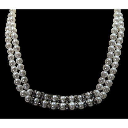 Vintage Double Strand Faux Pearl Rhinestone Necklace With Silver Tone Spacer Accents