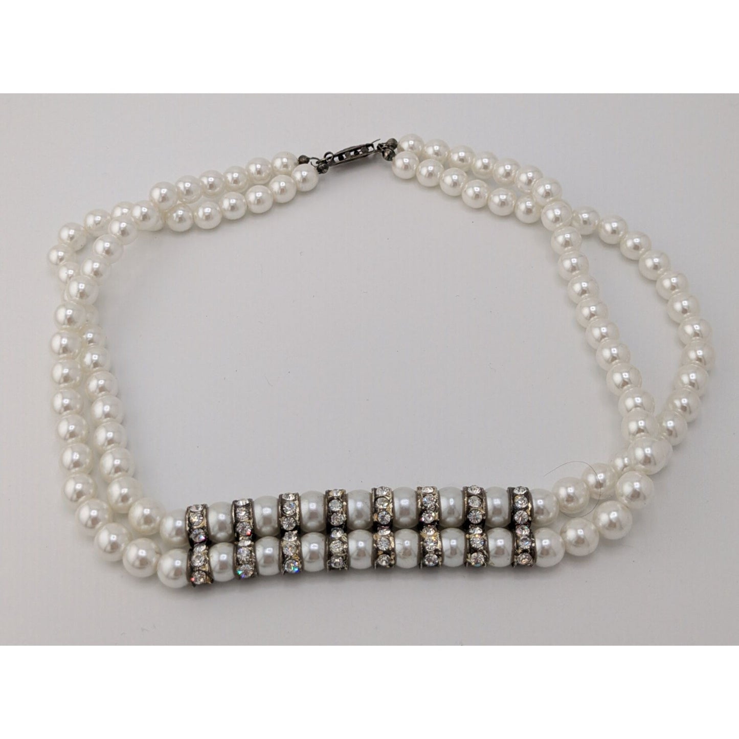 Vintage Double Strand Faux Pearl Rhinestone Necklace With Silver Tone Spacer Accents