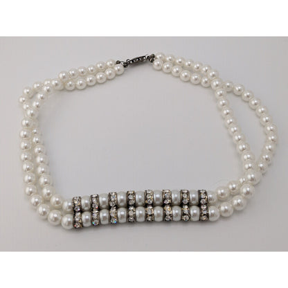 Vintage Double Strand Faux Pearl Rhinestone Necklace With Silver Tone Spacer Accents