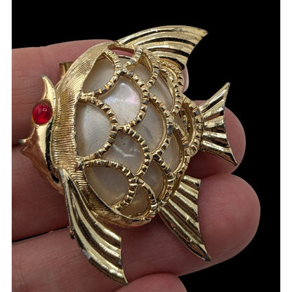 Vintage Angelfish Brooch Gold Tone White Shell Inlay Red Glass Eye Mid Century Glam Pin