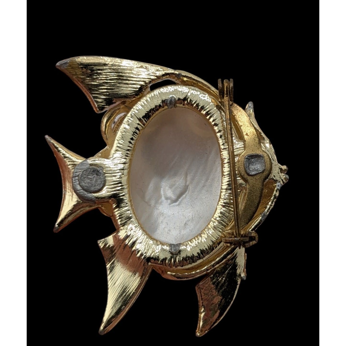 Vintage Angelfish Brooch Gold Tone White Shell Inlay Red Glass Eye Mid Century Glam Pin