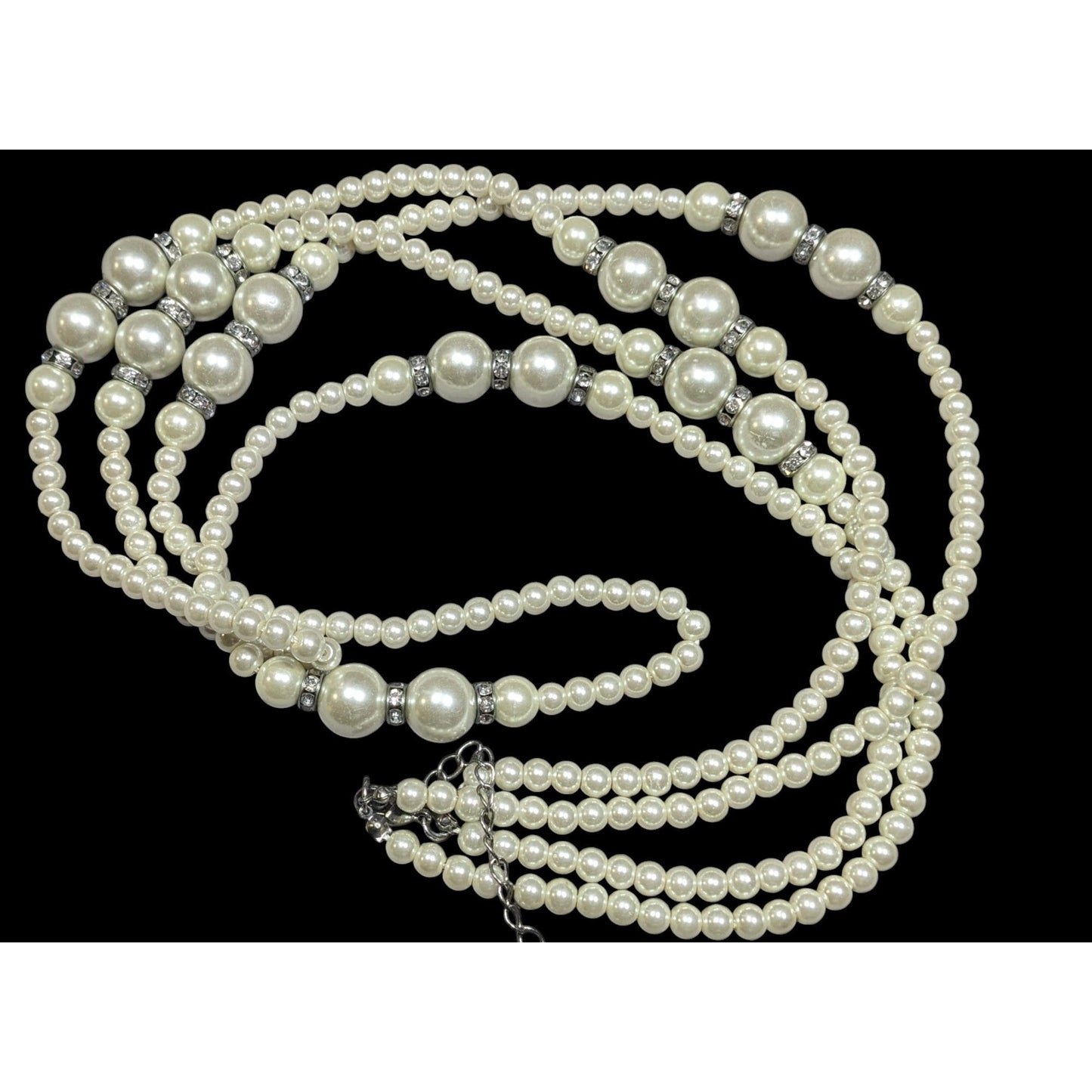 Midcentury Glam Multilayer Faux Pearl Necklace With Rhinestone Rondelle Accents