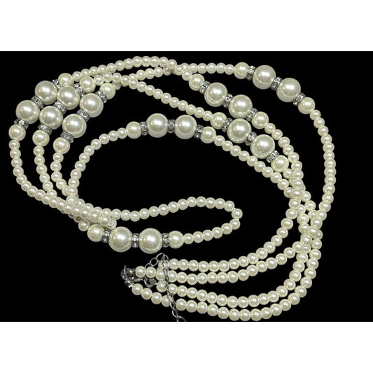 Midcentury Glam Multilayer Faux Pearl Necklace With Rhinestone Rondelle Accents