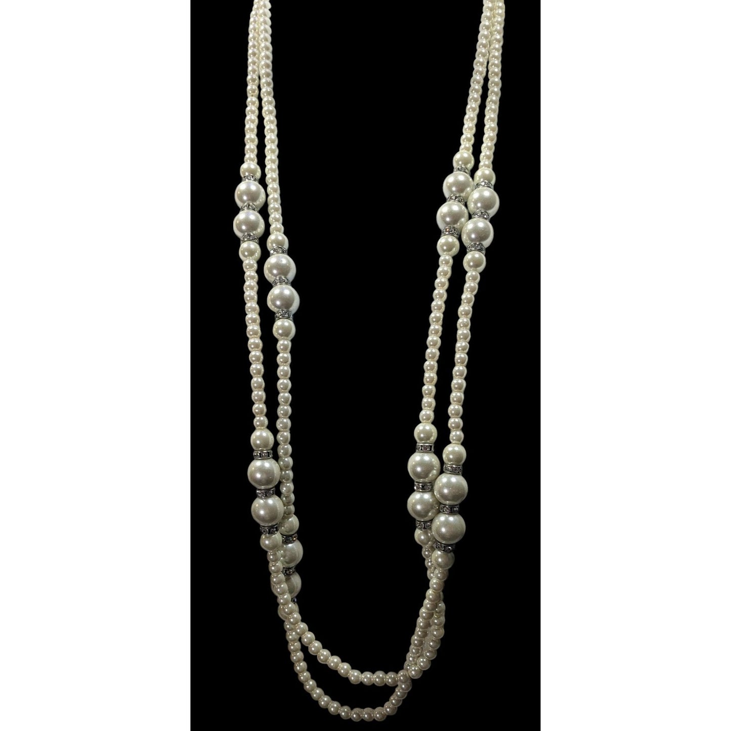 Midcentury Glam Multilayer Faux Pearl Necklace With Rhinestone Rondelle Accents