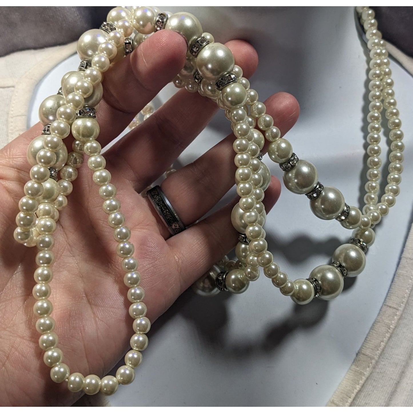 Midcentury Glam Multilayer Faux Pearl Necklace With Rhinestone Rondelle Accents