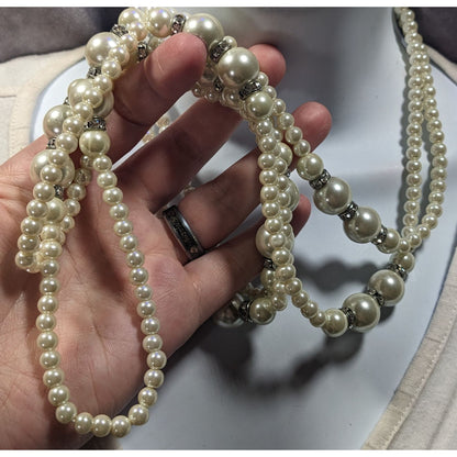 Midcentury Glam Multilayer Faux Pearl Necklace With Rhinestone Rondelle Accents