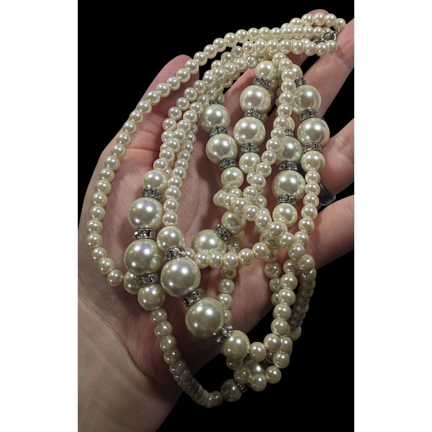 Midcentury Glam Multilayer Faux Pearl Necklace With Rhinestone Rondelle Accents