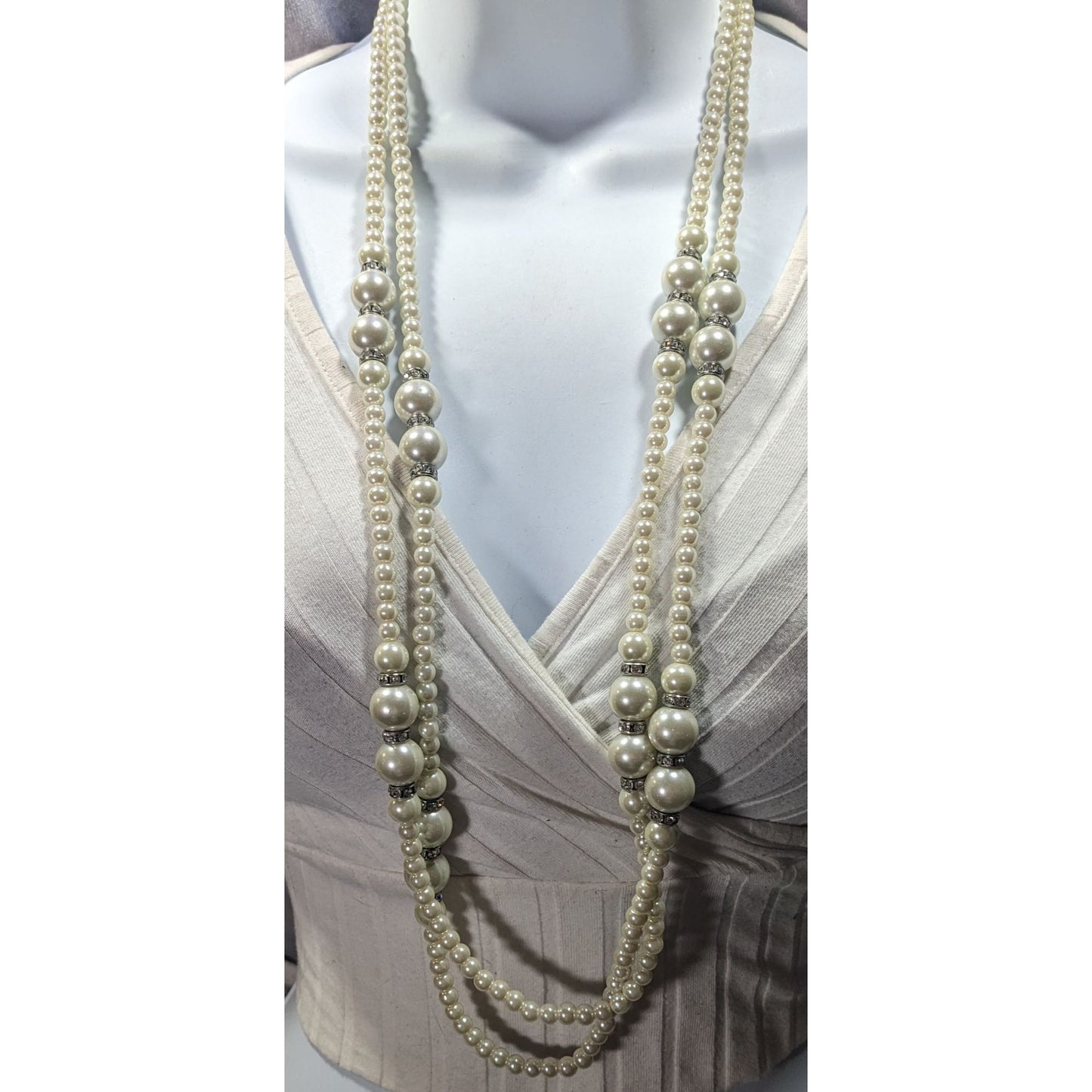 Midcentury Glam Multilayer Faux Pearl Necklace With Rhinestone Rondelle Accents
