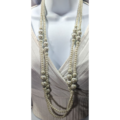 Midcentury Glam Multilayer Faux Pearl Necklace With Rhinestone Rondelle Accents