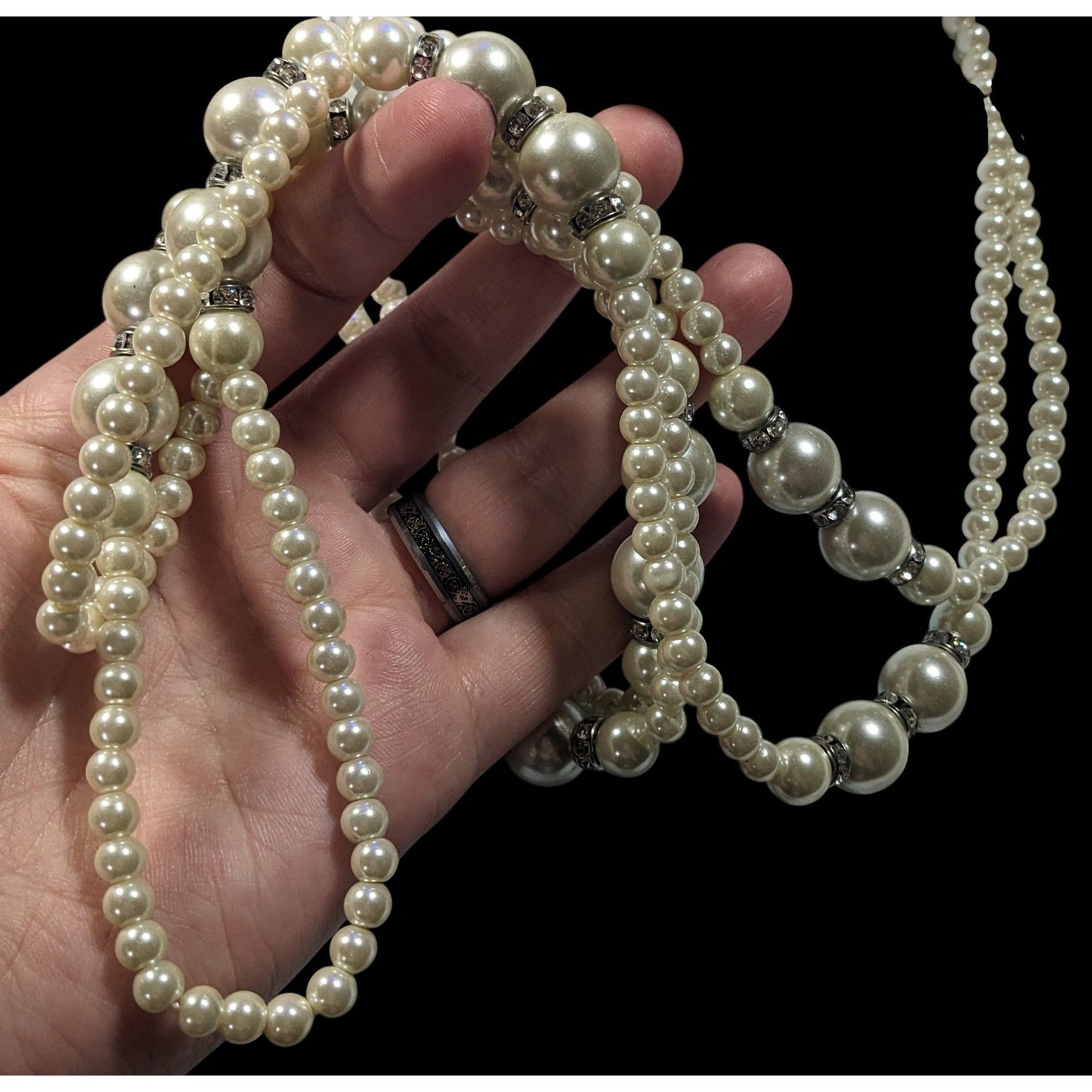 Midcentury Glam Multilayer Faux Pearl Necklace With Rhinestone Rondelle Accents