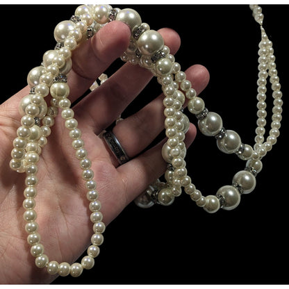 Midcentury Glam Multilayer Faux Pearl Necklace With Rhinestone Rondelle Accents
