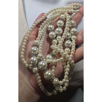 Midcentury Glam Multilayer Faux Pearl Necklace With Rhinestone Rondelle Accents