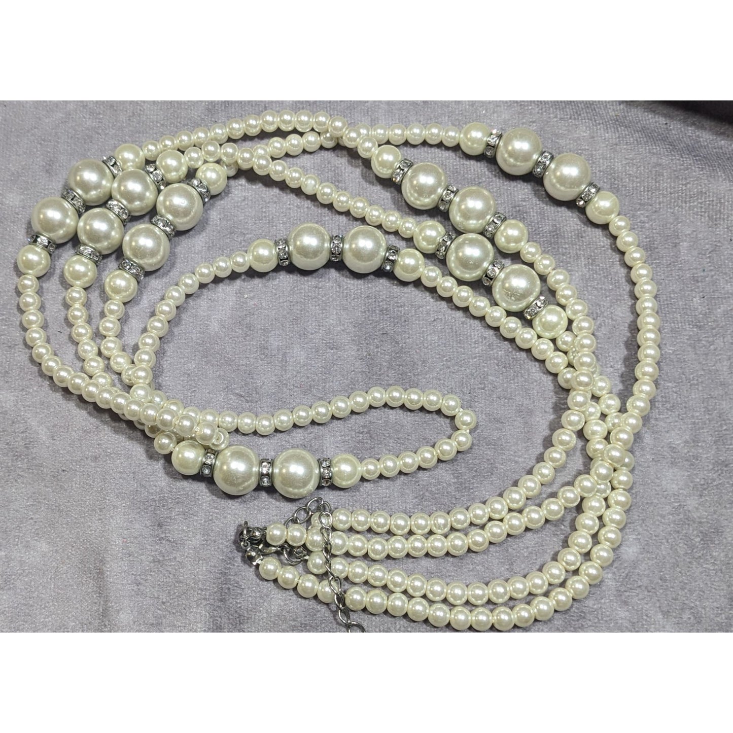 Midcentury Glam Multilayer Faux Pearl Necklace With Rhinestone Rondelle Accents