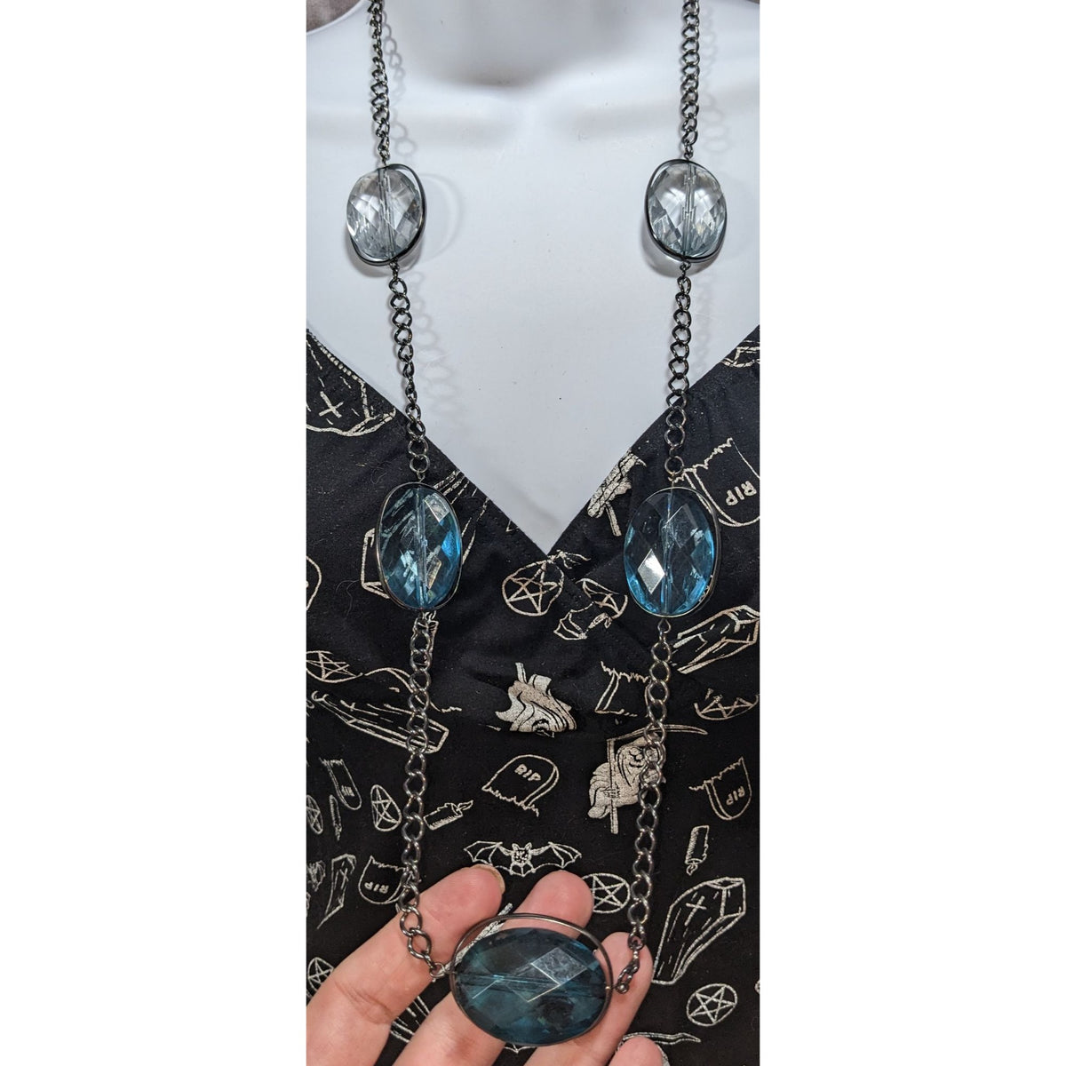Whimsigoth Glam Acrylic Blue Clear Station Necklace 34 Inch Adjustable