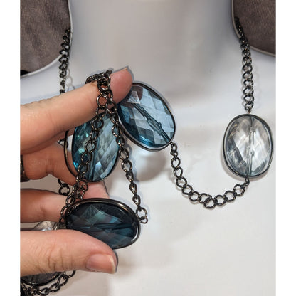 Whimsigoth Glam Acrylic Blue Clear Station Necklace 34 Inch Adjustable