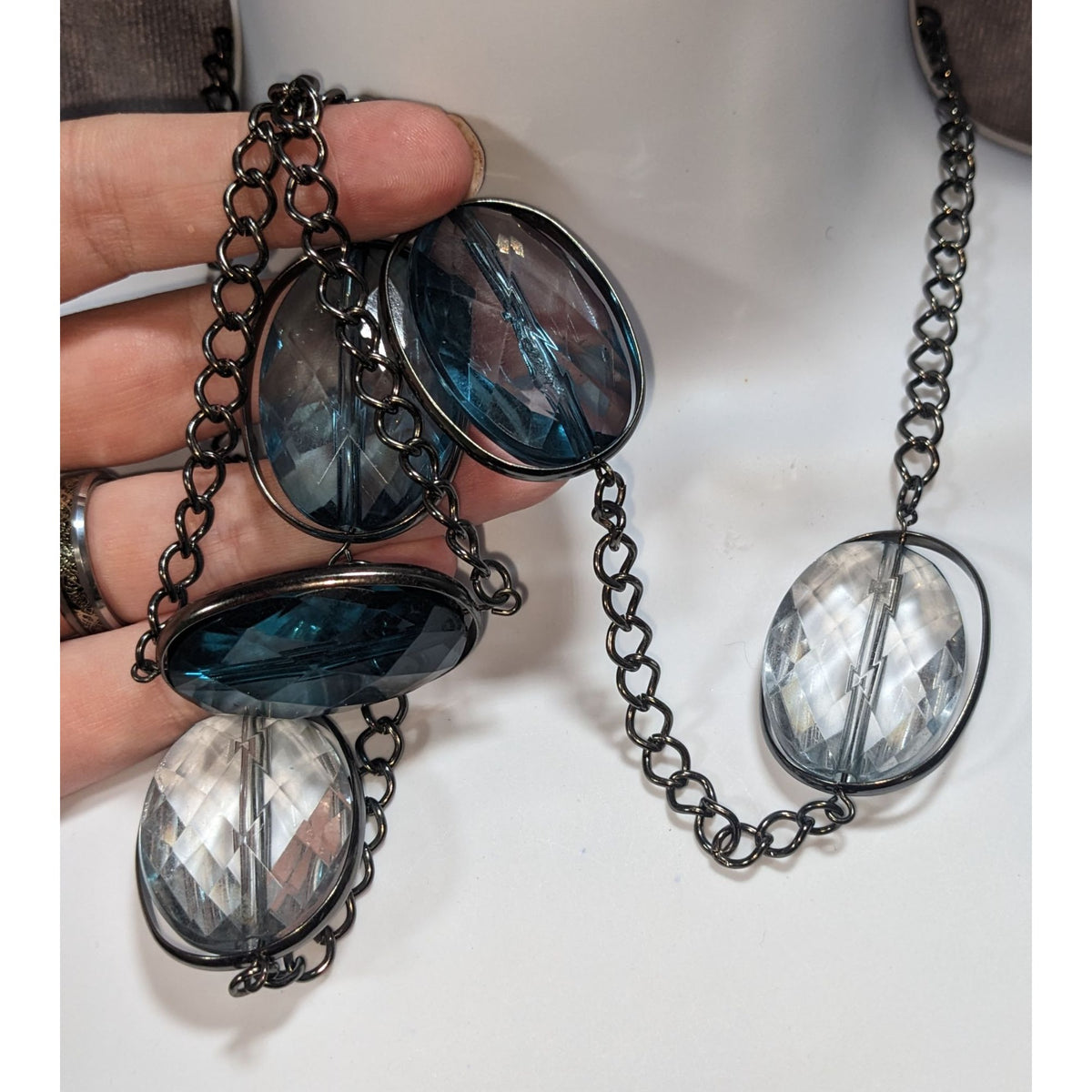 Whimsigoth Glam Acrylic Blue Clear Station Necklace 34 Inch Adjustable