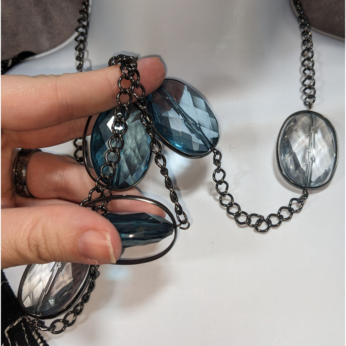 Whimsigoth Glam Acrylic Blue Clear Station Necklace 34 Inch Adjustable