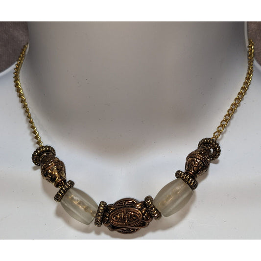 Vintage Gold-Tone & Frosted Glass Bead Necklace With Ornate Detailing