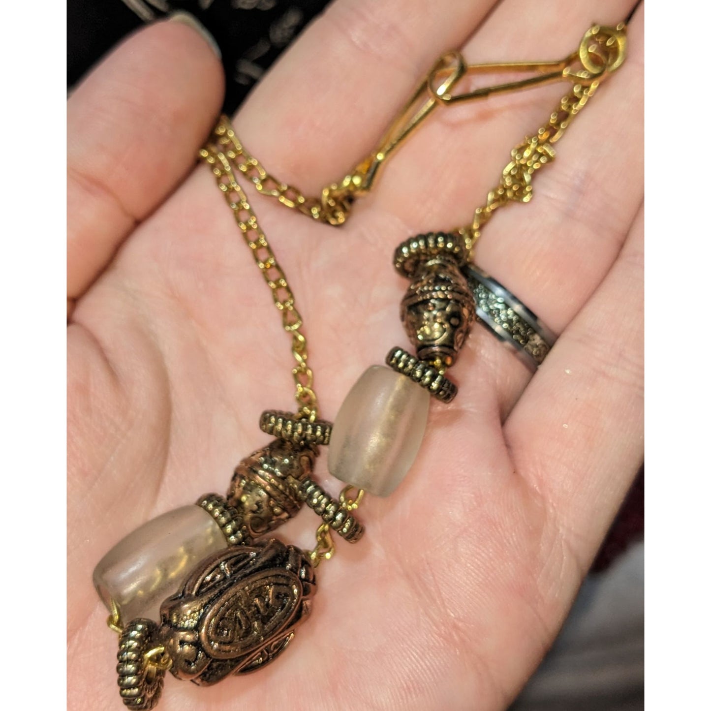 Vintage Gold-Tone & Frosted Glass Bead Necklace With Ornate Detailing