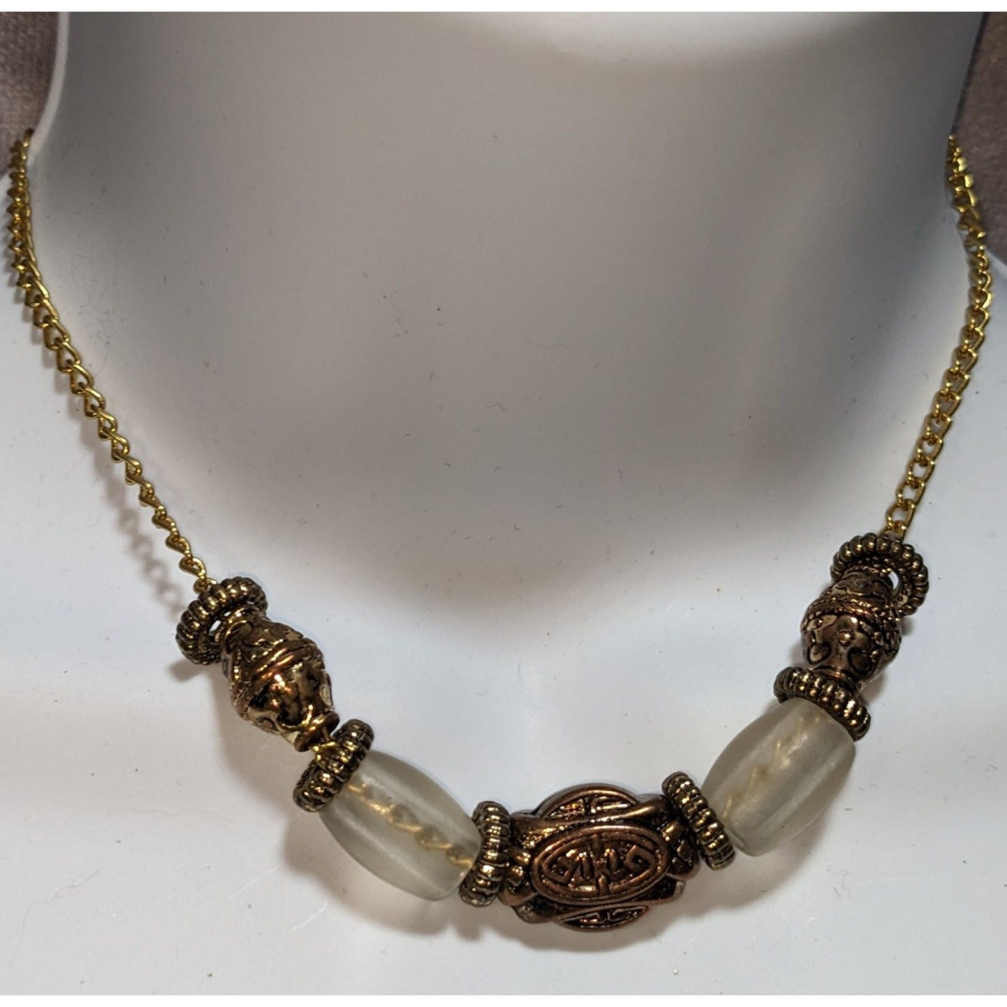 Vintage Gold-Tone & Frosted Glass Bead Necklace With Ornate Detailing