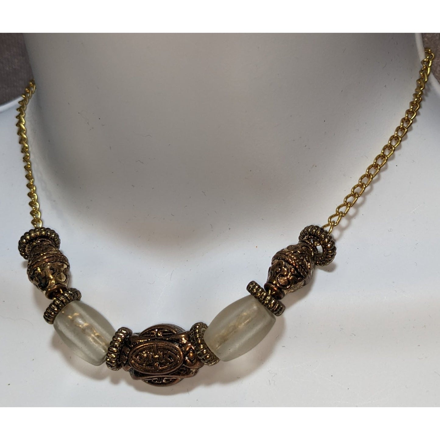 Vintage Gold-Tone & Frosted Glass Bead Necklace With Ornate Detailing
