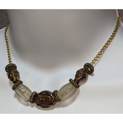 Vintage Gold-Tone & Frosted Glass Bead Necklace With Ornate Detailing