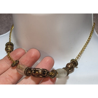 Vintage Gold-Tone & Frosted Glass Bead Necklace With Ornate Detailing