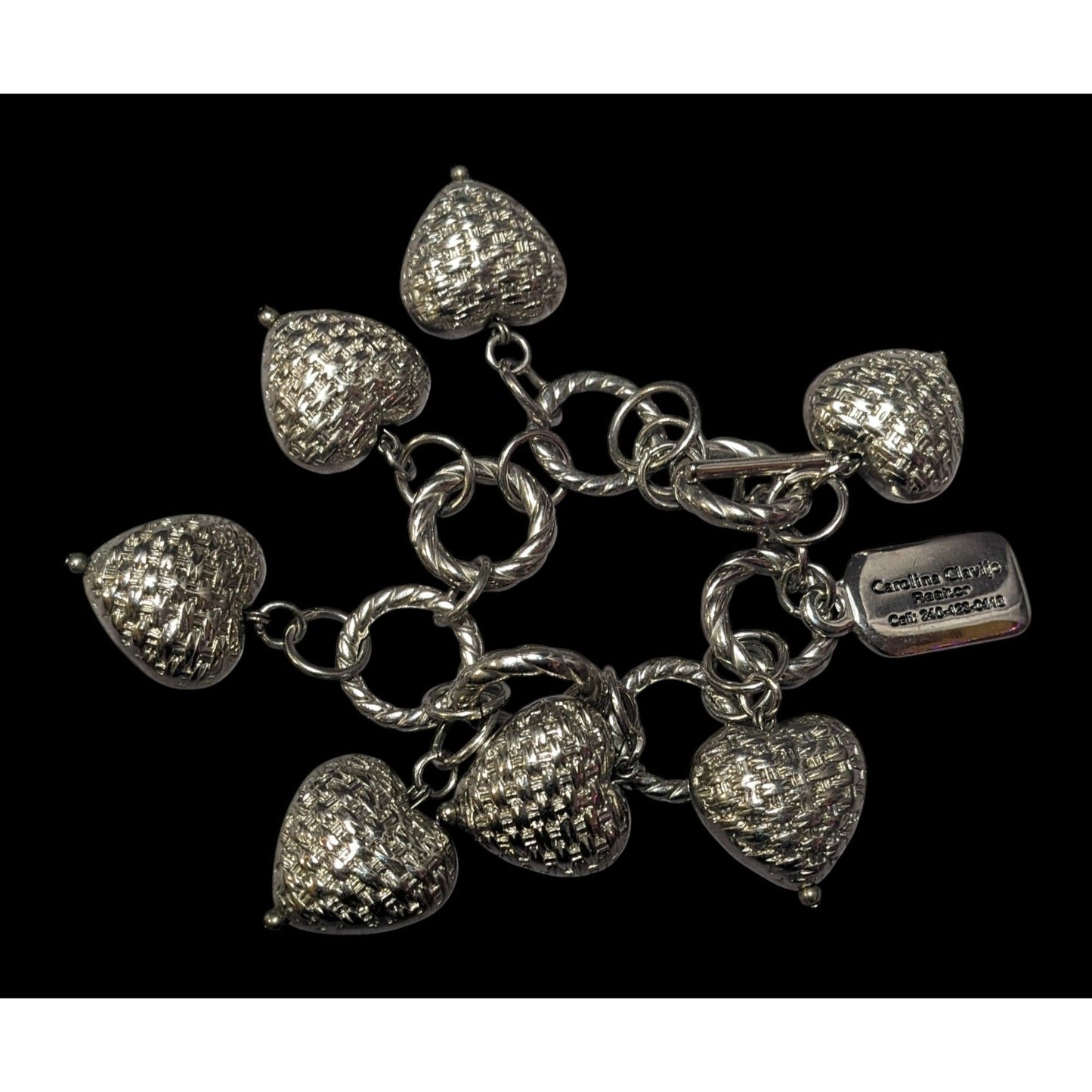 Chunky Silver Tone Woven Texture Heart Charm Bracelet