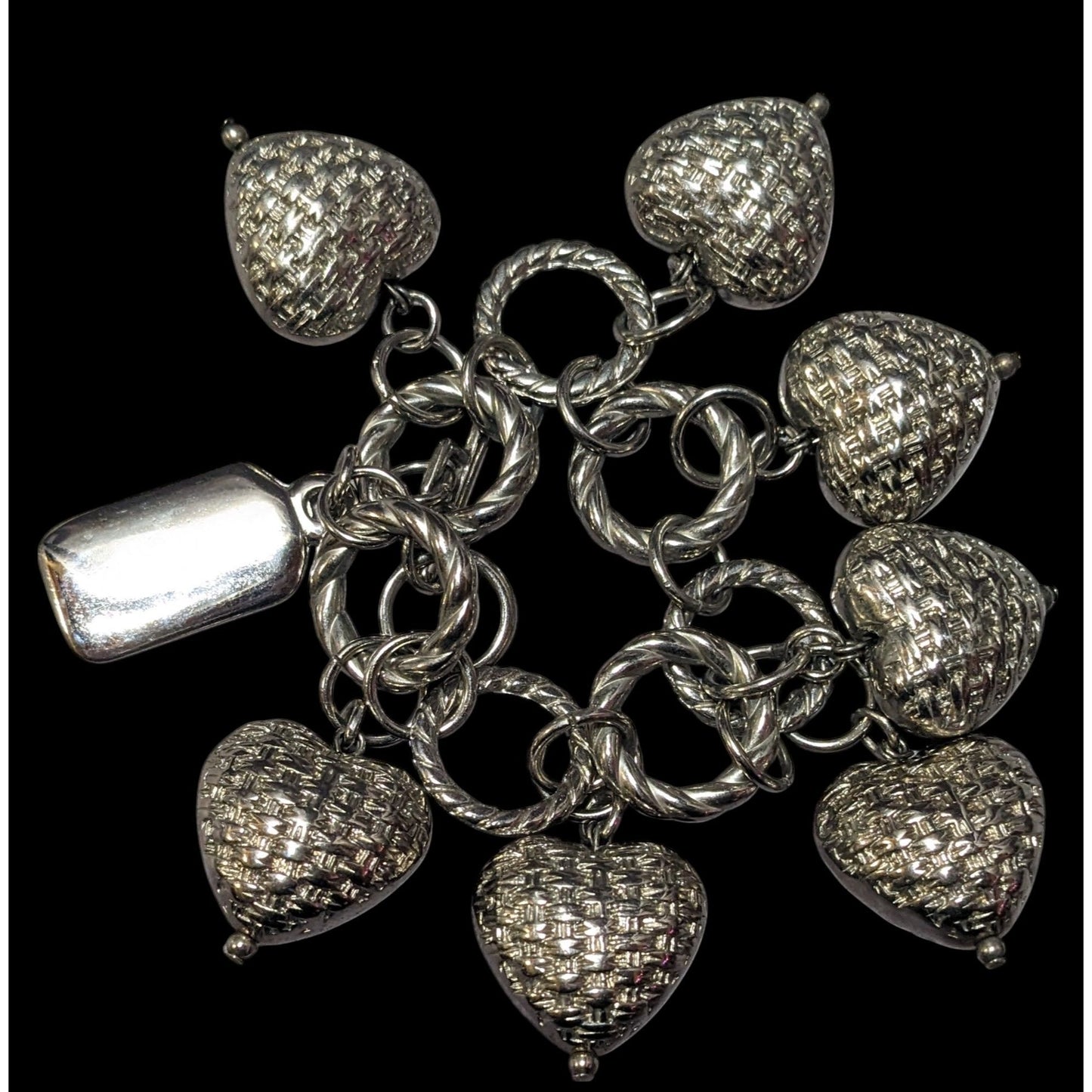 Chunky Silver Tone Woven Texture Heart Charm Bracelet