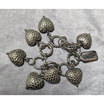 Chunky Silver Tone Woven Texture Heart Charm Bracelet