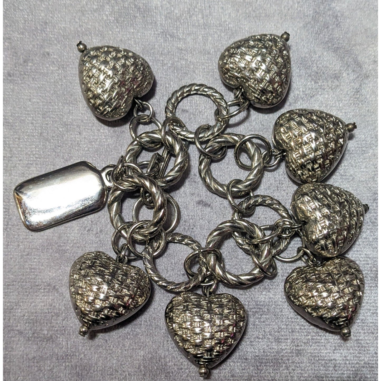 Chunky Silver Tone Woven Texture Heart Charm Bracelet