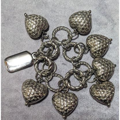 Chunky Silver Tone Woven Texture Heart Charm Bracelet