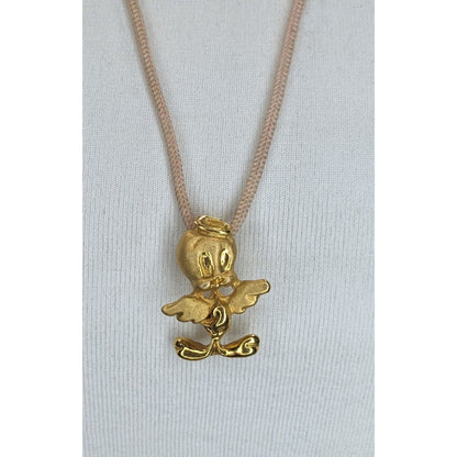 90s Y2K Cartooncore Tweety Bird Angel Gold Tone Pendant Necklace