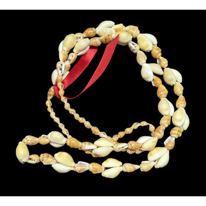 Summery Genuine Seashell Beaded Necklace With Red Ribbon Accent