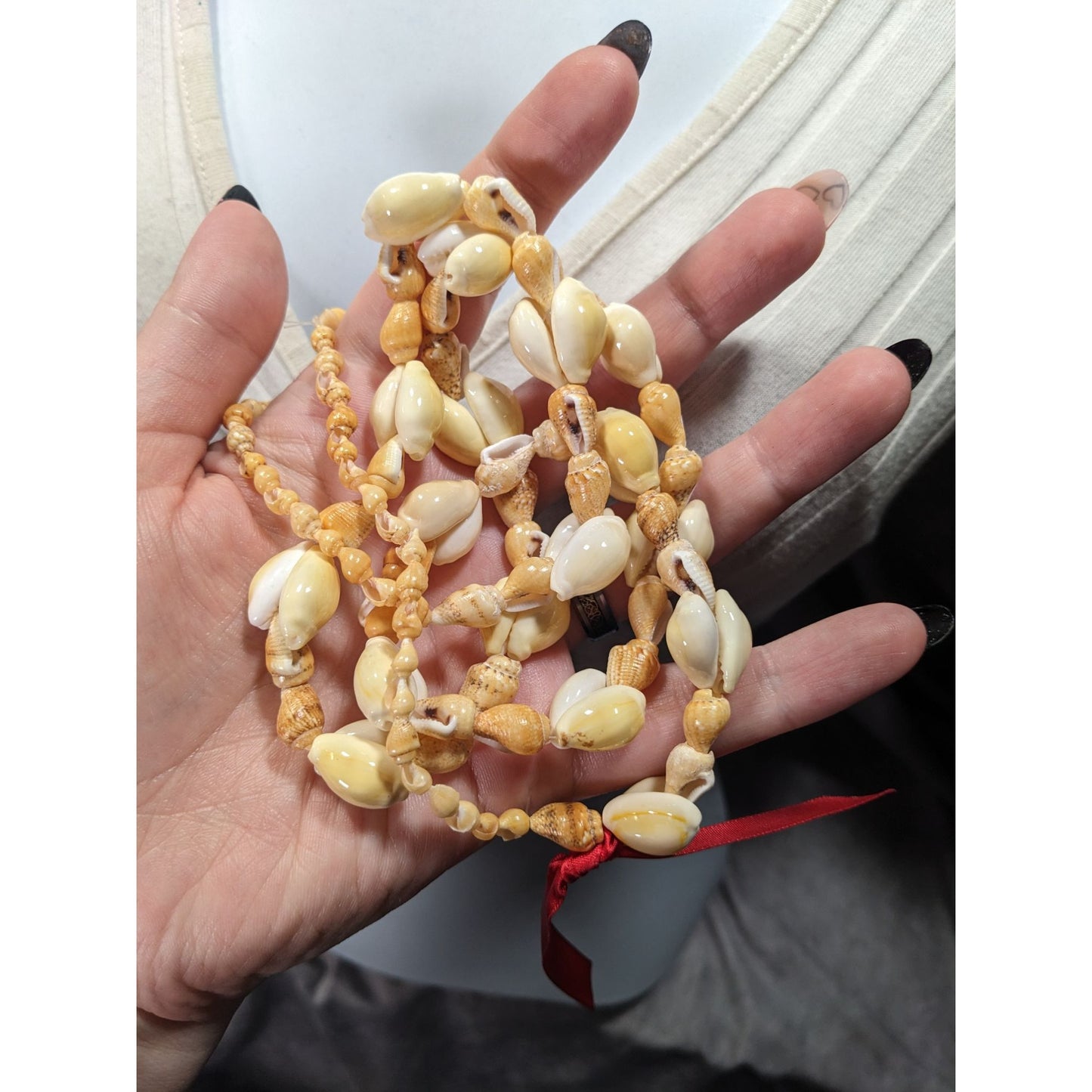 Summery Genuine Seashell Beaded Necklace With Red Ribbon Accent