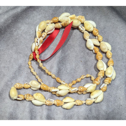 Summery Genuine Seashell Beaded Necklace With Red Ribbon Accent