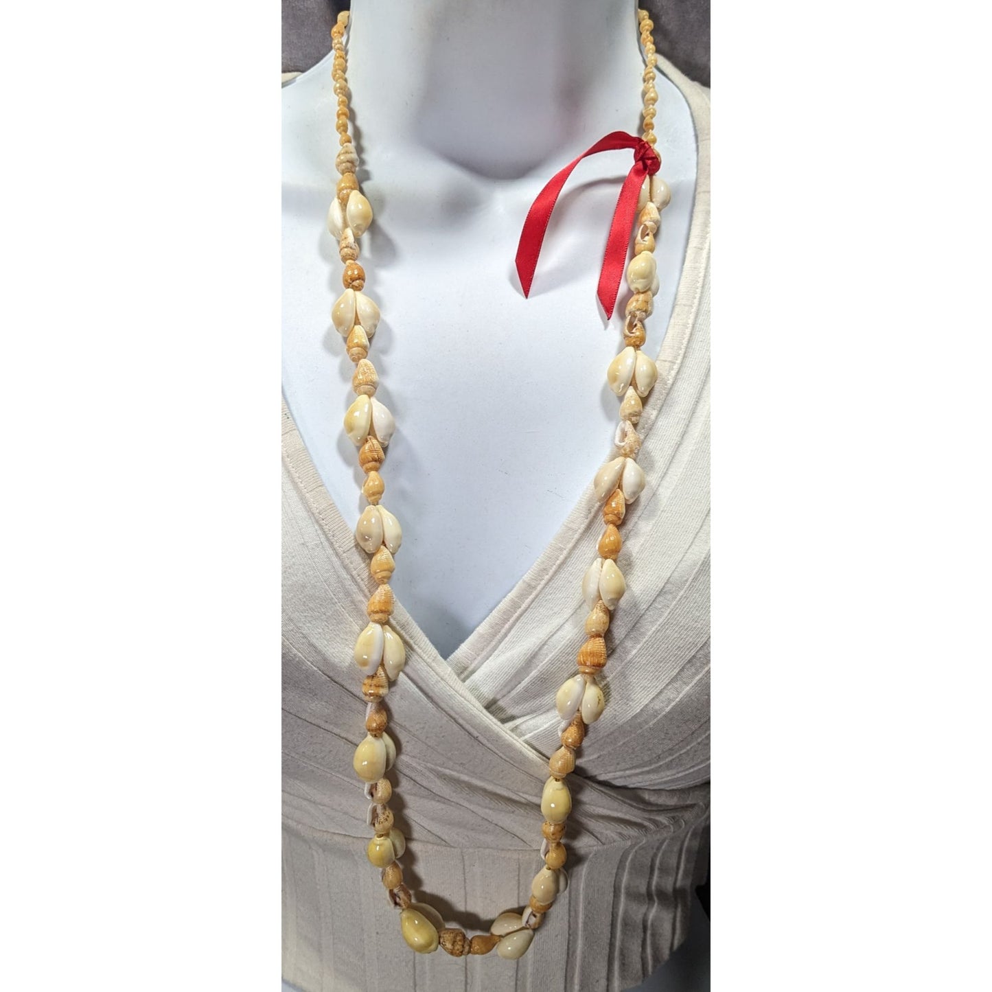 Summery Genuine Seashell Beaded Necklace With Red Ribbon Accent