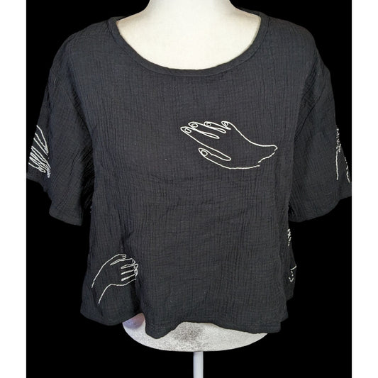 Millie & Lou Black Cropped Tee With White Hand Print