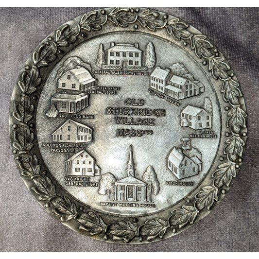 Vintage Colonial Americana Pewter Tone Silver Old Sturbridge Village Plate 4 Inch
