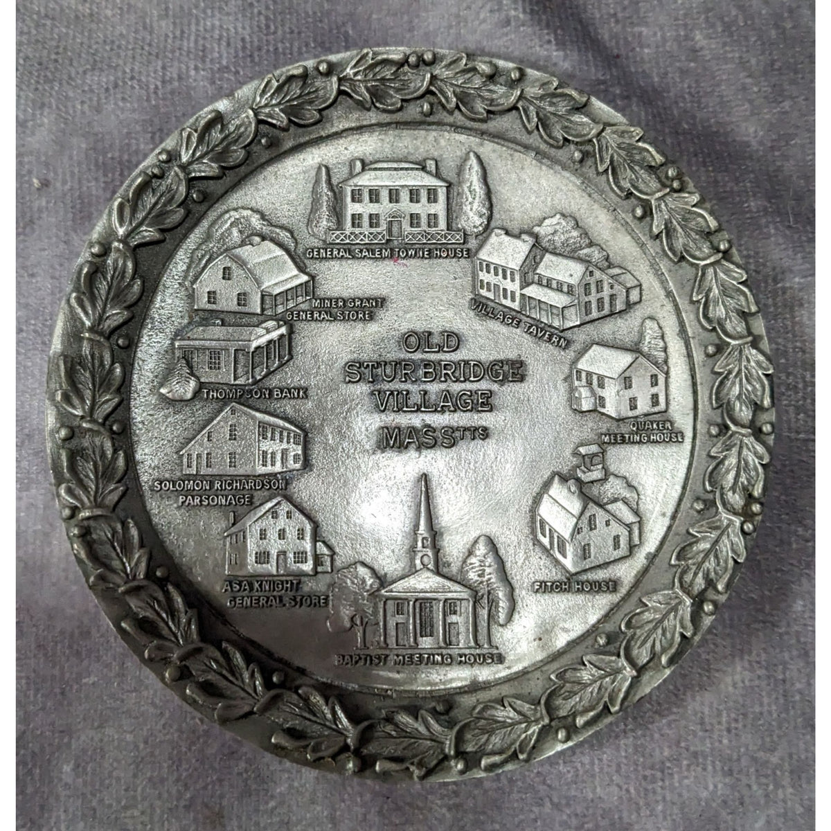 Vintage Colonial Americana Pewter Tone Silver Old Sturbridge Village Plate 4 Inch