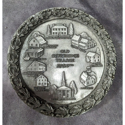 Vintage Colonial Americana Pewter Tone Silver Old Sturbridge Village Plate 4 Inch