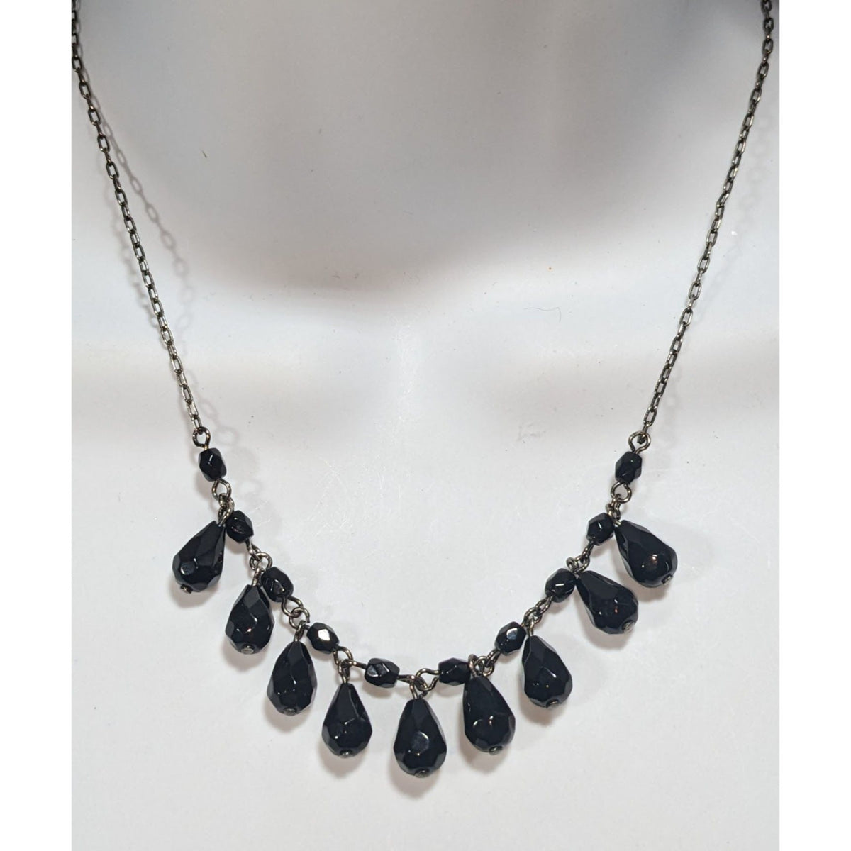 Gothic Glam Glass Black Teardrop Fringe Necklace 15 Inch