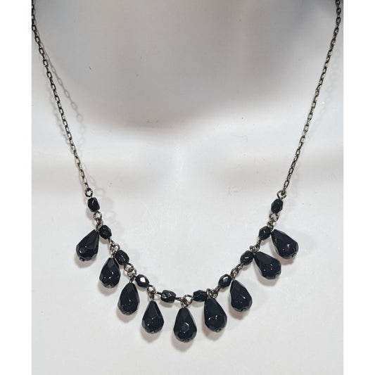 Gothic Glam Glass Black Teardrop Fringe Necklace 15 Inch