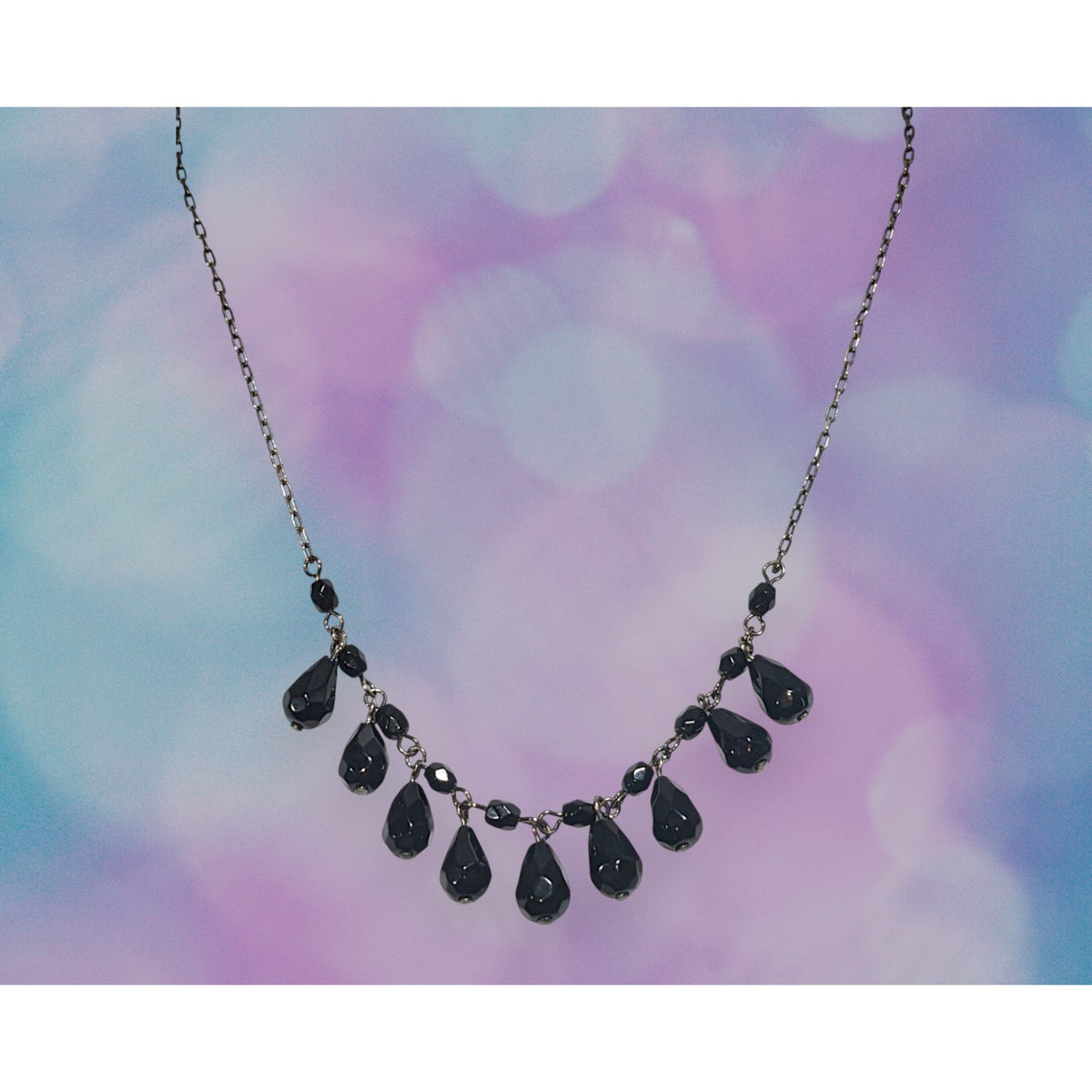 Gothic Glam Glass Black Teardrop Fringe Necklace 15 Inch
